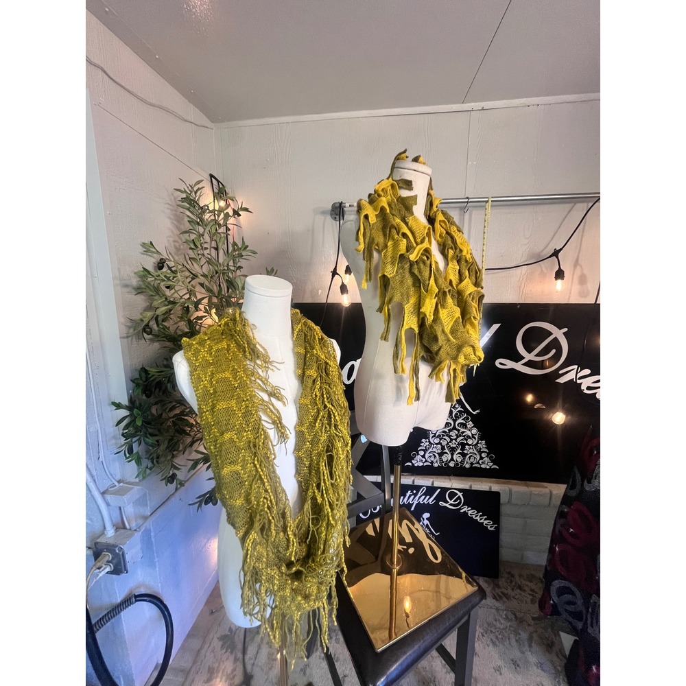 2 Chunky Knit Infinity Scarf Mustard Yellow Textured Fringe Loop Boho Winter